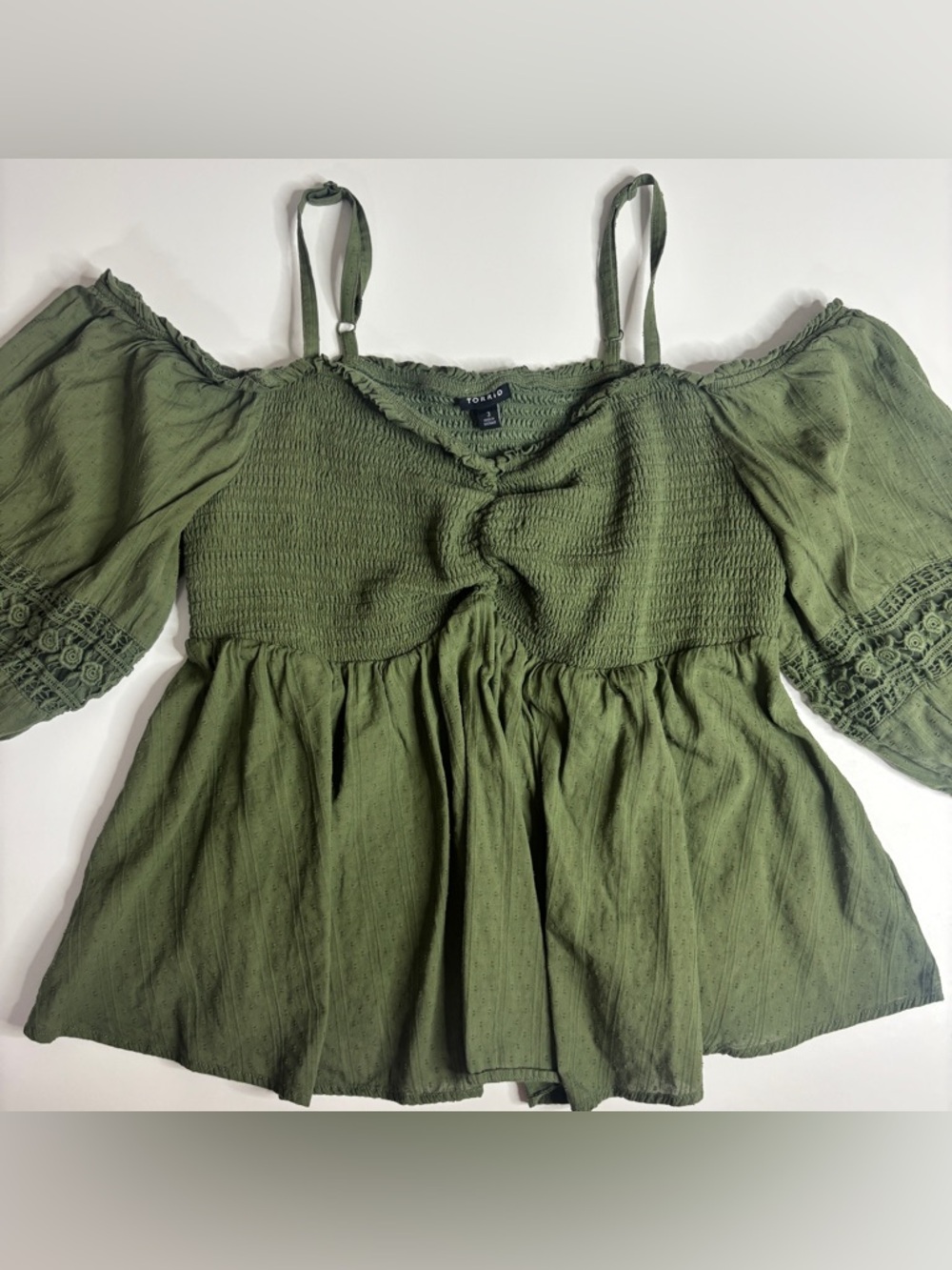 Torrid Boho Smocked Peasant Top Size 3X Olive Green Off Shoulder Cottagecore